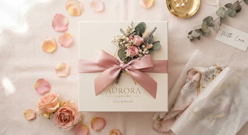 Flat lay VELMIRYS : 6 foulards jersey pliés avec étiquettes, 3 boîtes blanches siglées VELMIRYS avec papier de soie logo, carte THANK YOU et tulipe blanche — packaging réel